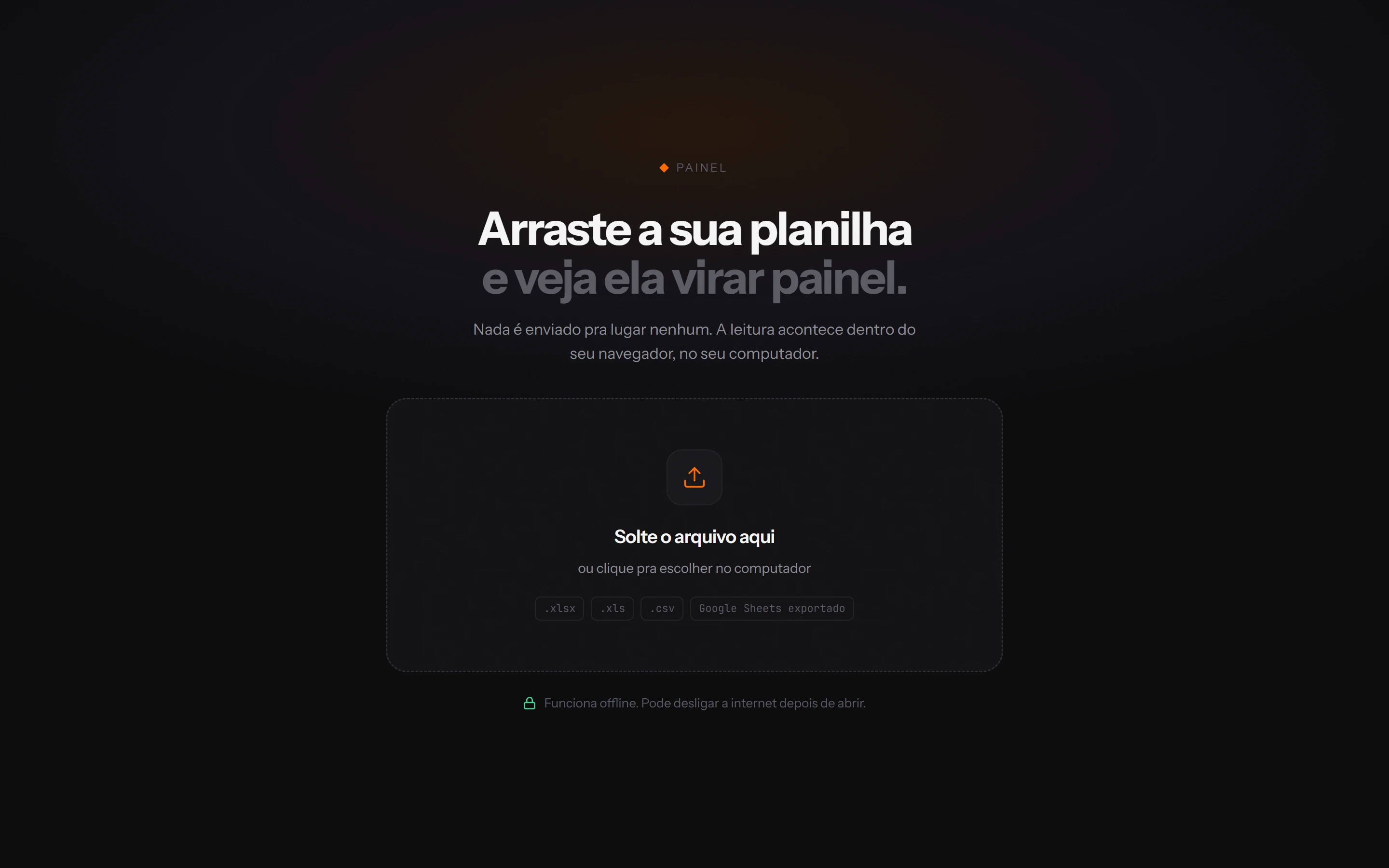 Tela escura com área tracejada escrito solte o arquivo aqui